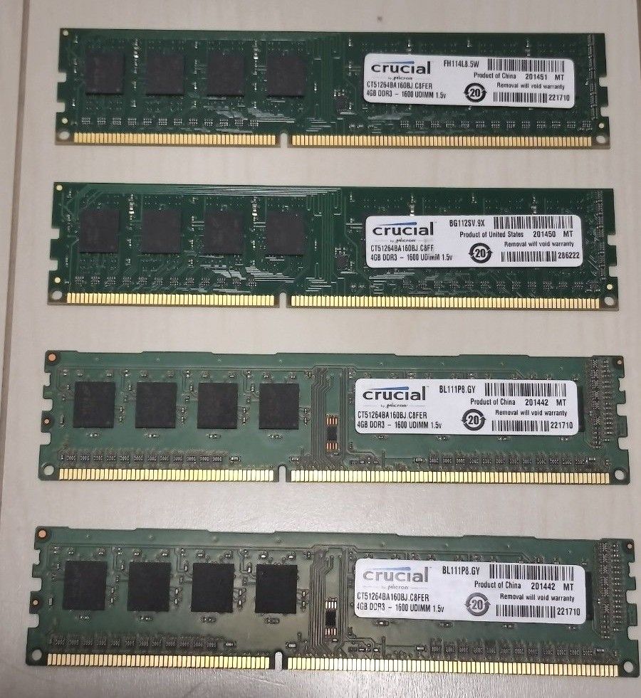 デスクトップPC用 メモリ Crucial PC3-12800U 4GB×4枚(計16GB)