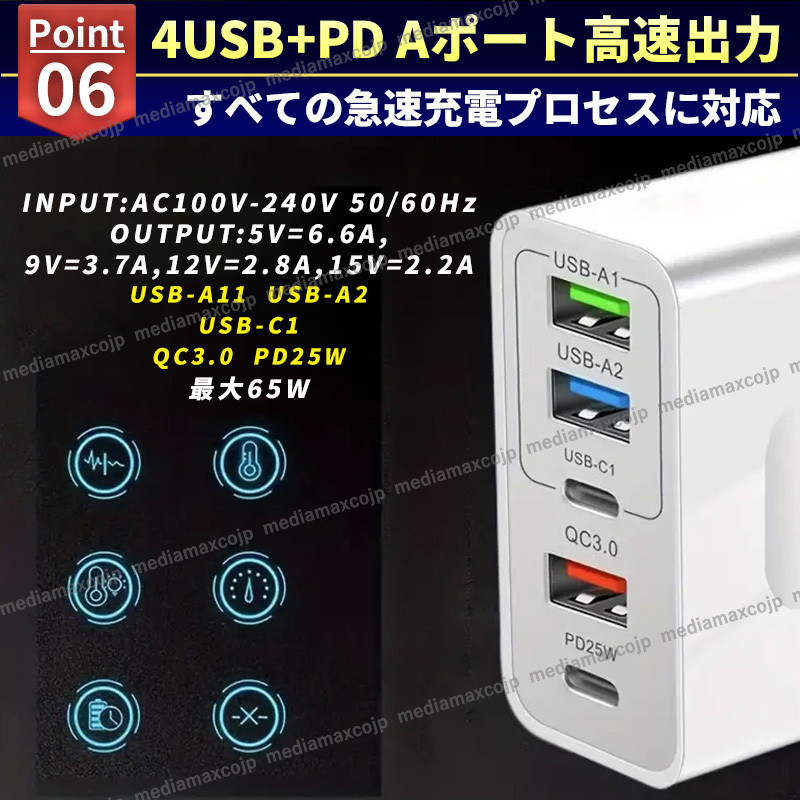 ACアダプター USB 急速 充電器 65W type-C タイプC スマホ パソコン FD QC3.0 保護 GaN コンセント 5ポート 同時充電 iPhone android 白_画像8