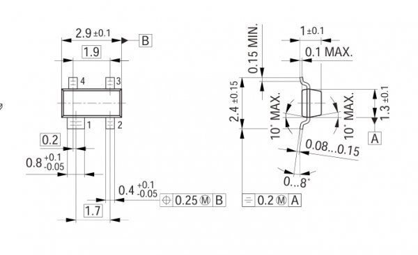 超小型ブリッジダイオード基板（実装済み）　５ｘ３．８ｘｔ０．８ｍｍサイズ　１枚_ブリッジダイオード寸法図