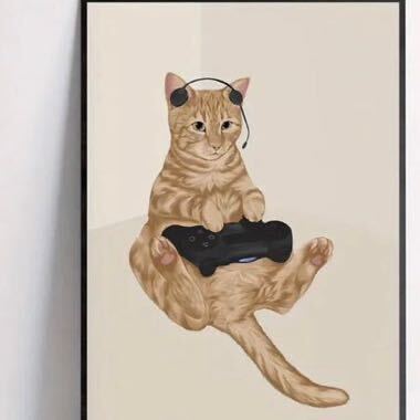 ゲームする猫　アートポスター　インテリア　リビング　玄関　トイレ　ネコ好きのための　ディスプレイ　プレゼント