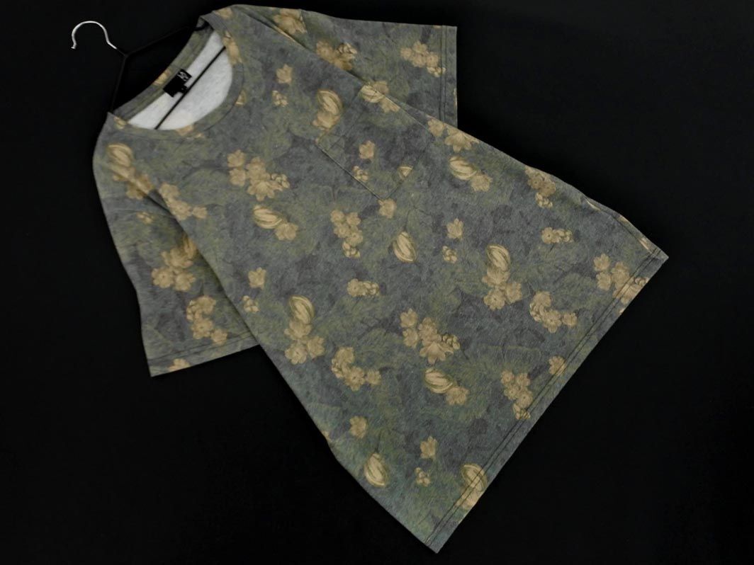  cat pohs OK LAKOLElakore floral print short sleeves pocket T-shirt sizeM/ deep green #* * eea8 lady's 