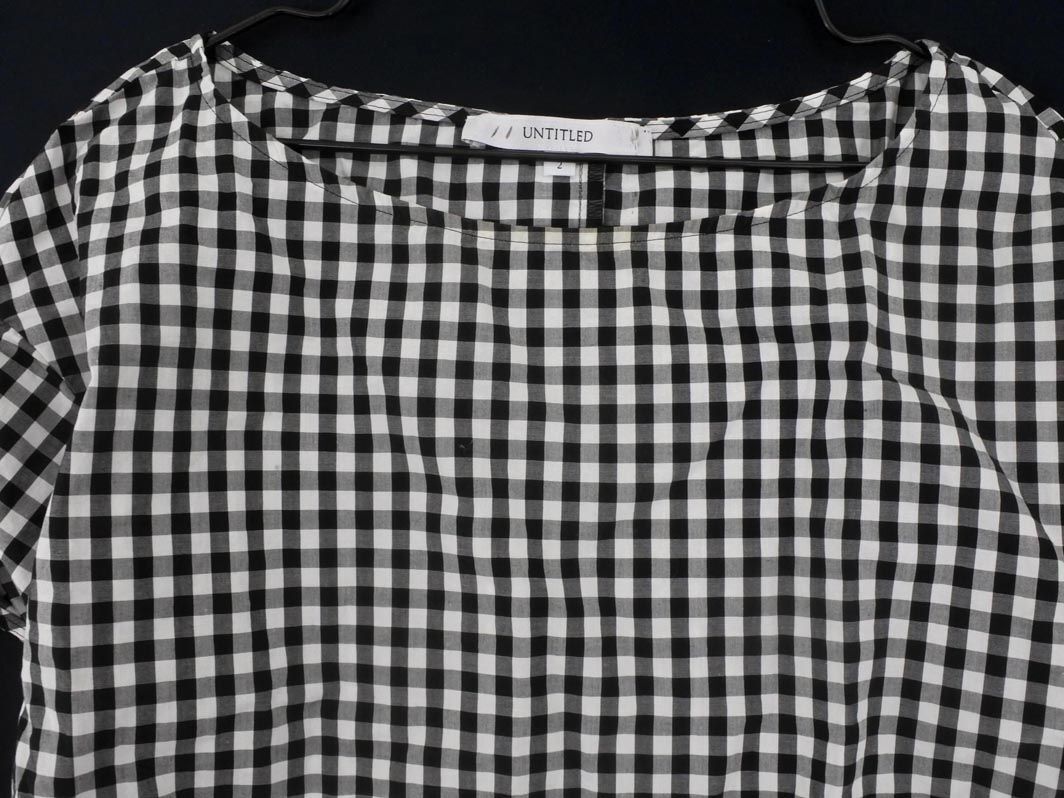 UNTITLED Untitled silver chewing gum check boat neck ribbon blouse shirt size2/ white x black #* * eeb0 lady's 