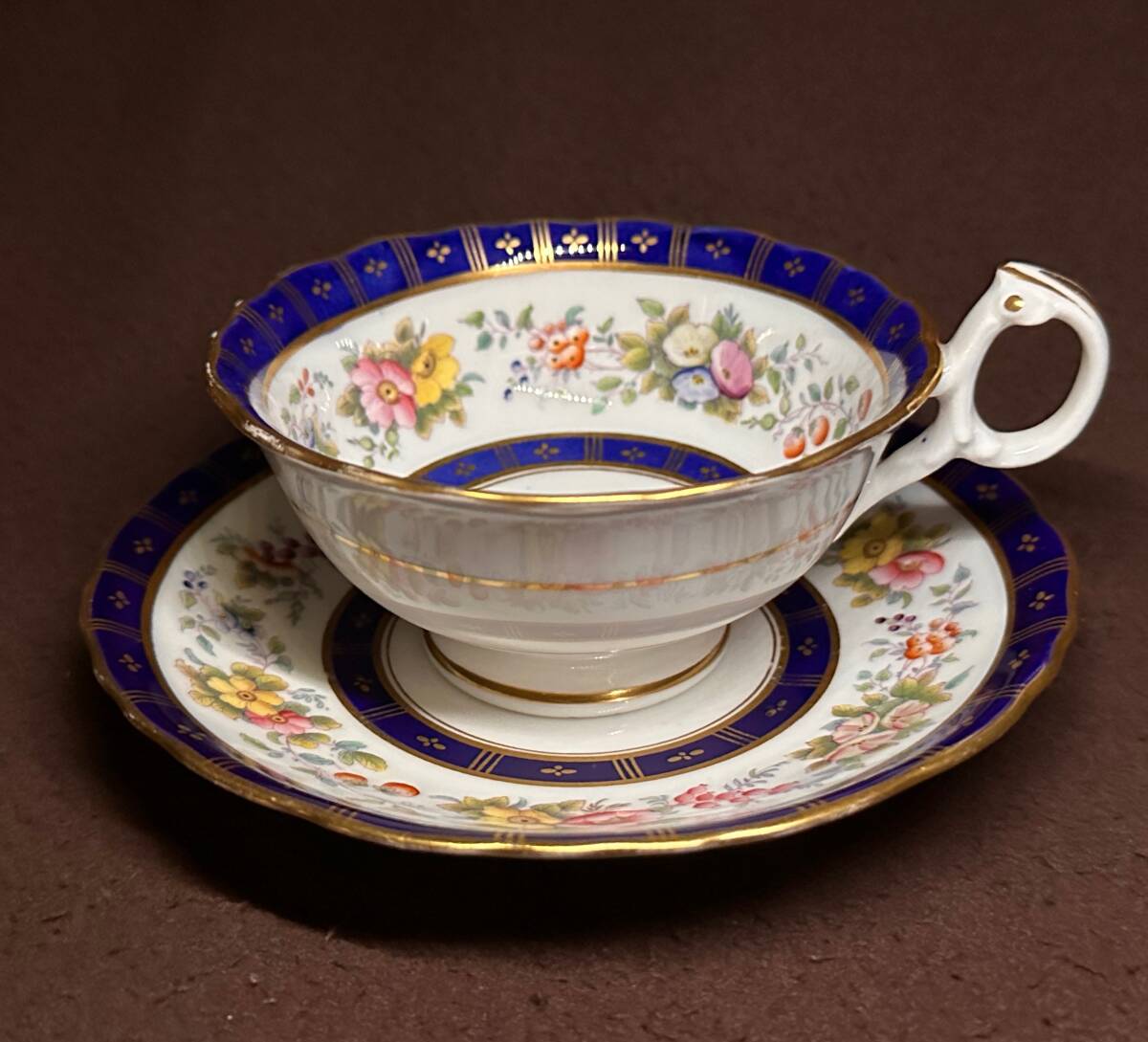  beautiful beauty! ridge way cup & saucer Paris border dark blue gold paint many kind. flower .1835 year about England antique 