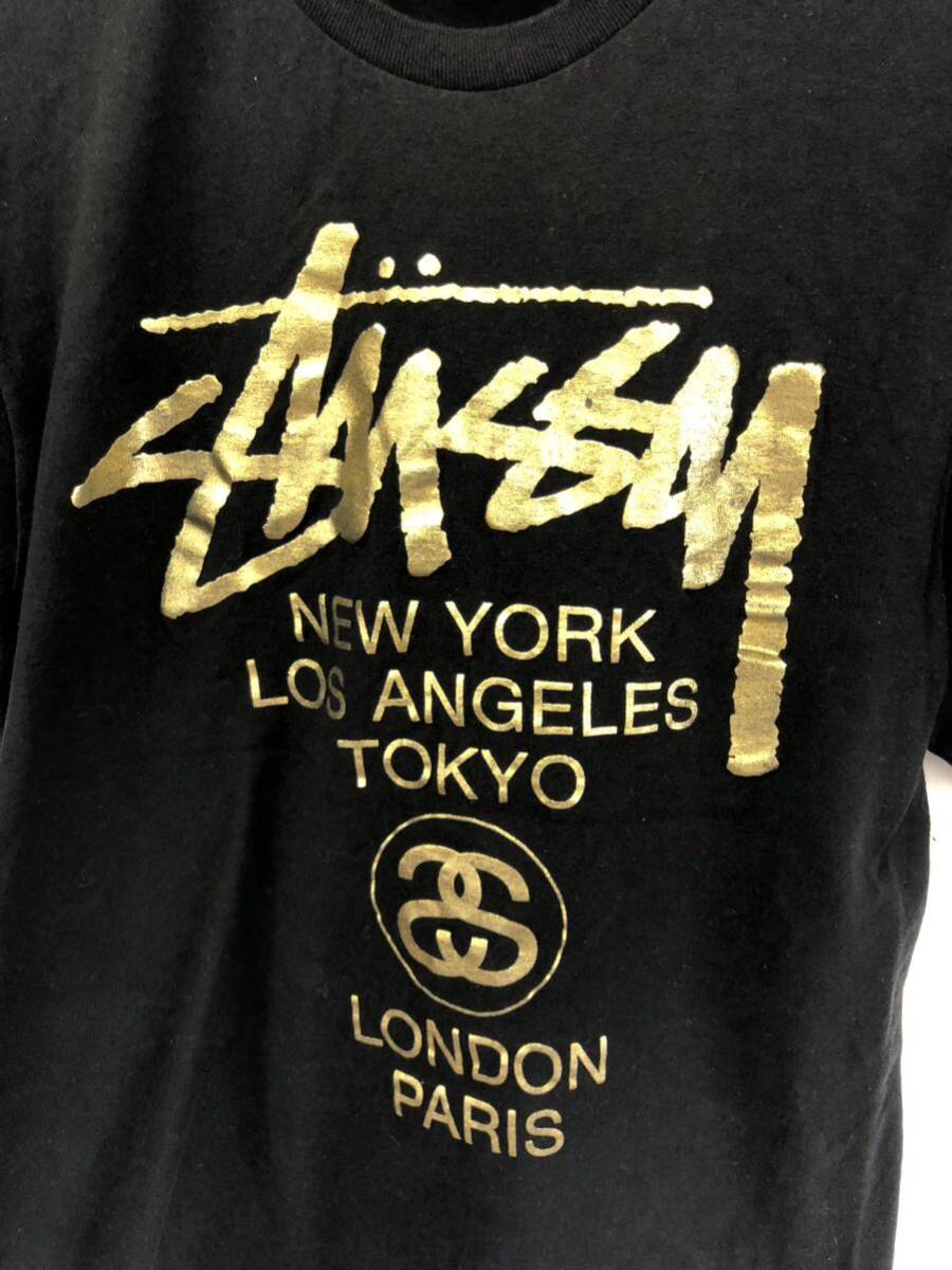STUSSY WORLD TOUR 半袖 Tシャツ S ブラック ステューシー 金プリント ストリート スケート アメリカ 都市 の画像2