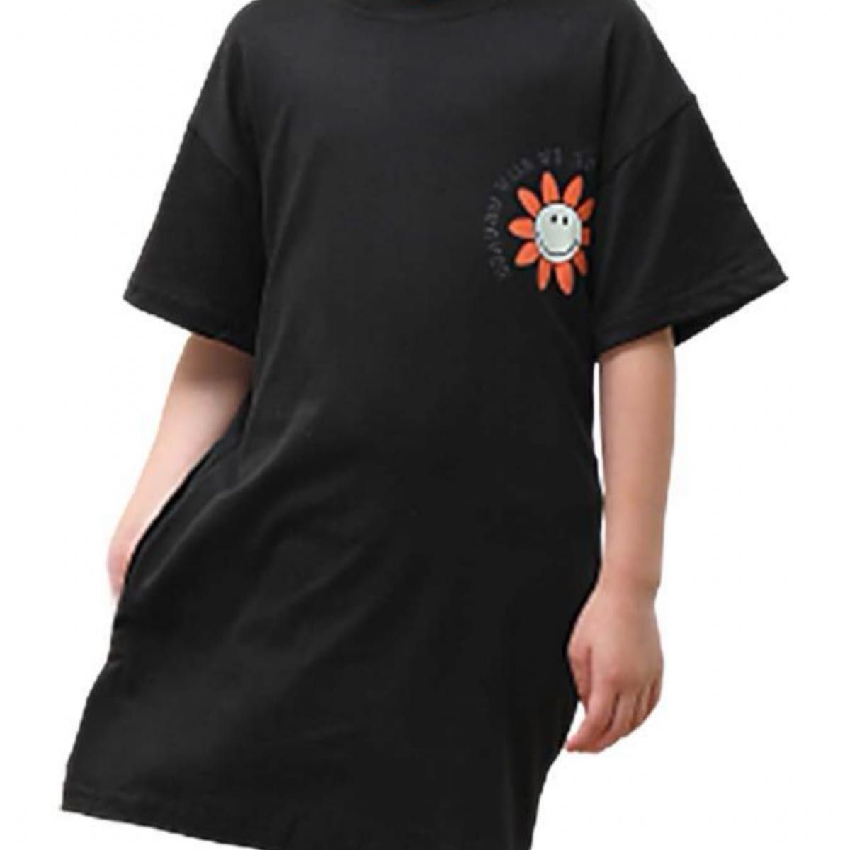 匿名配送[TATABEAR] ワンピース 女の子 カジュアル Tシャツ　130 黒 ブラック ロゴ 半袖