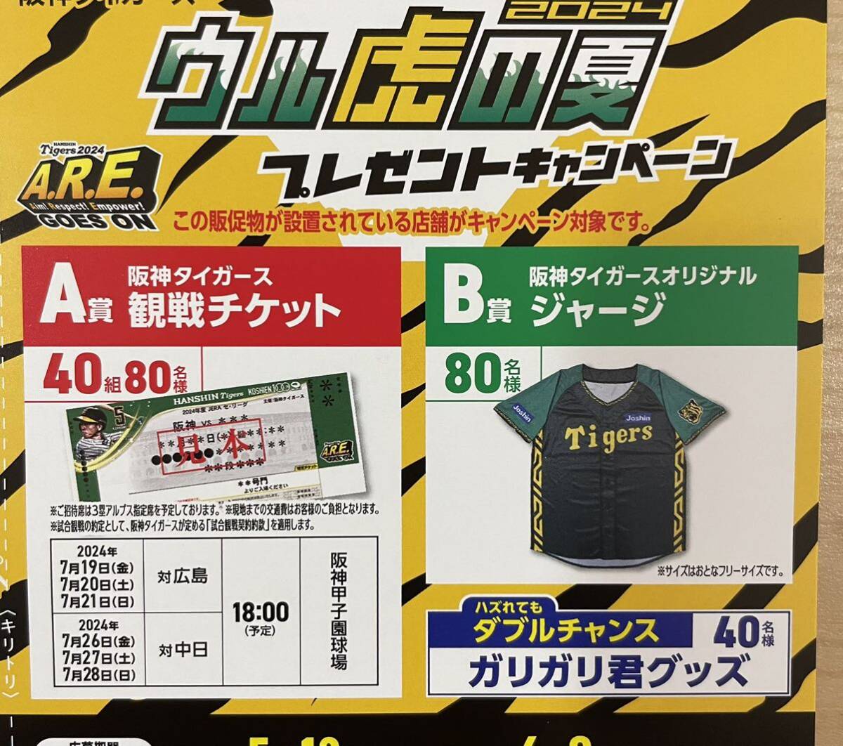 懸賞　応募☆阪神タイガース観戦チケット40組80名様(対広島 or中日)/オリジナルジャージ80名様/Wチャンスガリガリ君グッズ_画像1