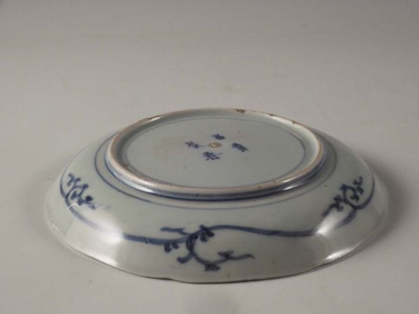 *.* old Imari blue and white ceramics flower . bamboo .. writing ornament plate 18.3cm flawless completion goods Edo period 39kw65