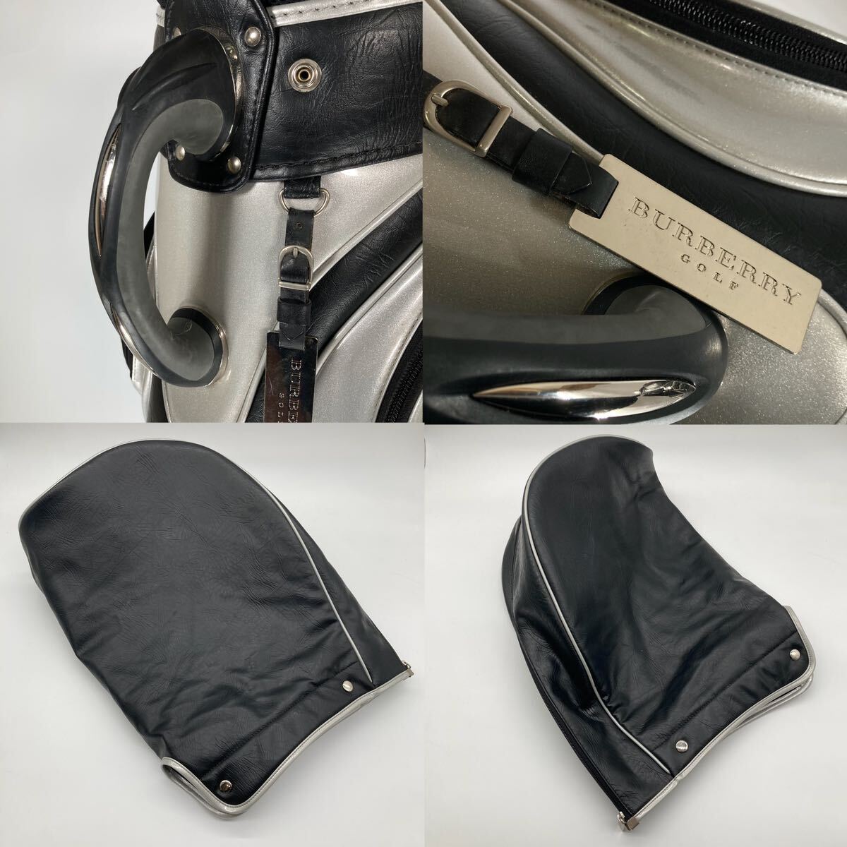 美品 BURBERRY GOLF バーバリーゴルフ キャディバッグ キャディー レザー 合成皮革 エナメル ブラック 黒 シルバー 希少品_画像9