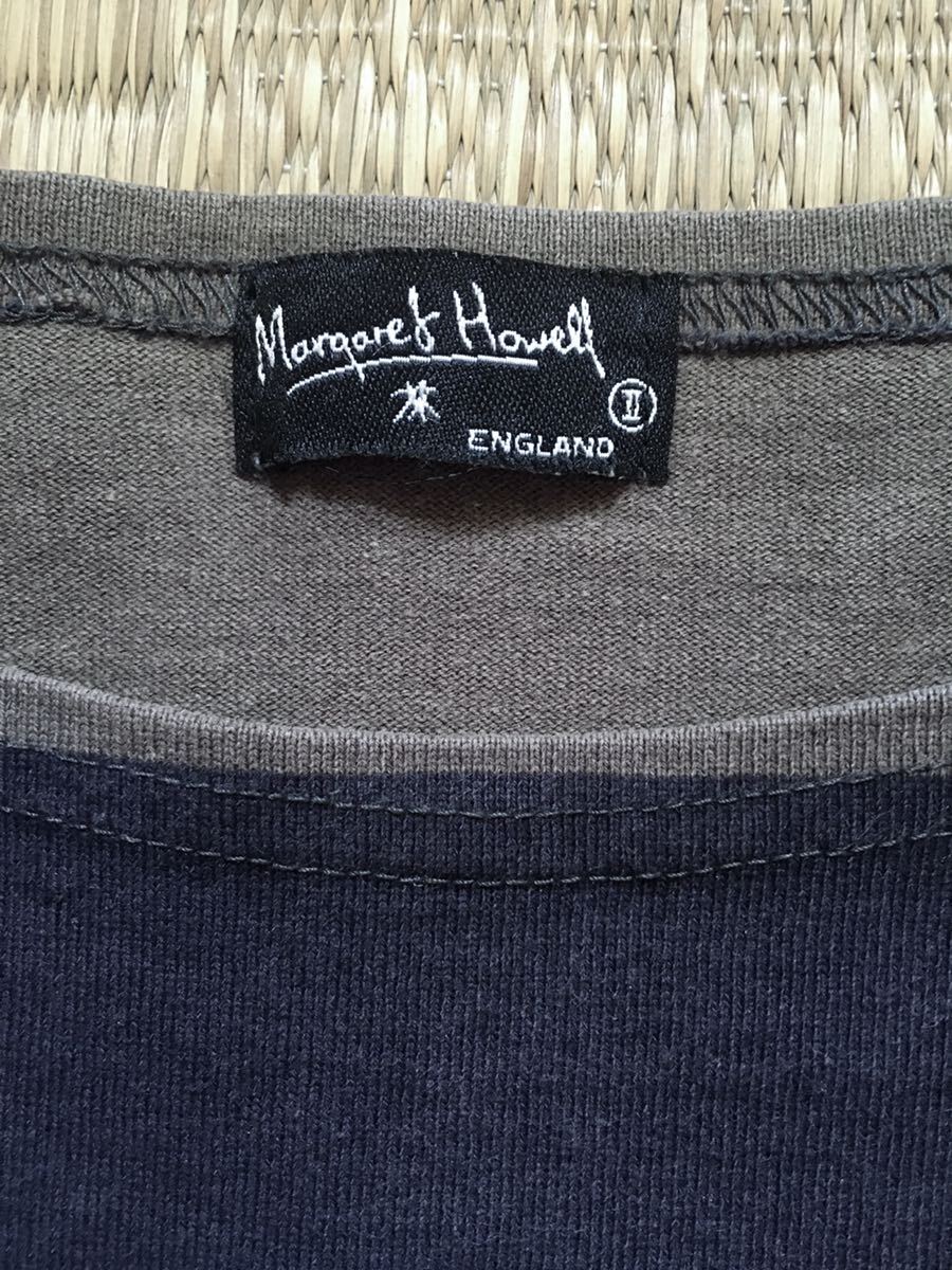 ★MargaretHowellマーガレットハウエル 七分袖 コットンボーダーTシャツⅡ★中古/綿/黒/緑/カットソー_画像3