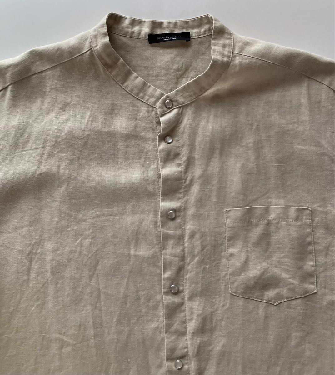 roberto collina イタリア製 半袖リネンバンドカラーシャツ52 