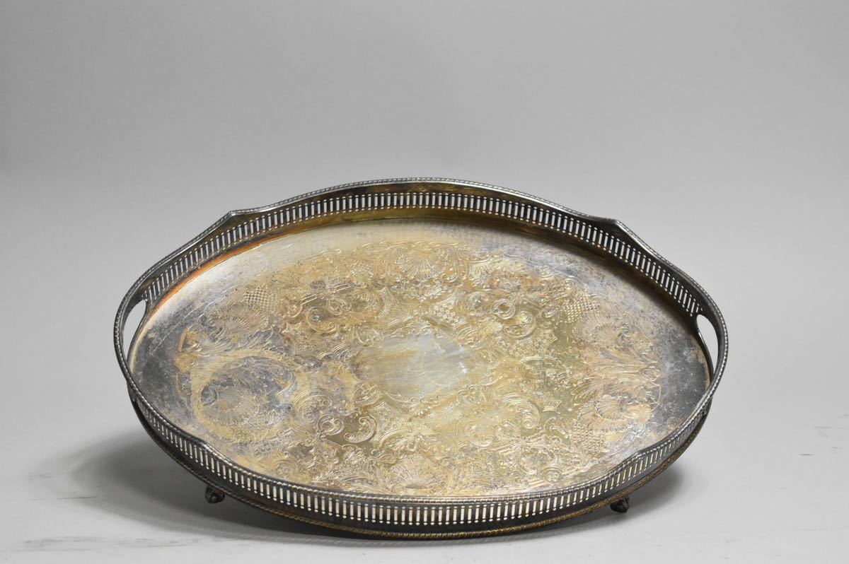 時代 銀製楕円形四足盆 1,188g 日本美術 煎茶道具 銀製 silver 骨董品 美術品 古美術 時代品　「5380」_画像1