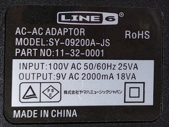 LINE6 line Schic sAC adaptor SY-09200A-JS 9V 2000mA ( control number :A240402)