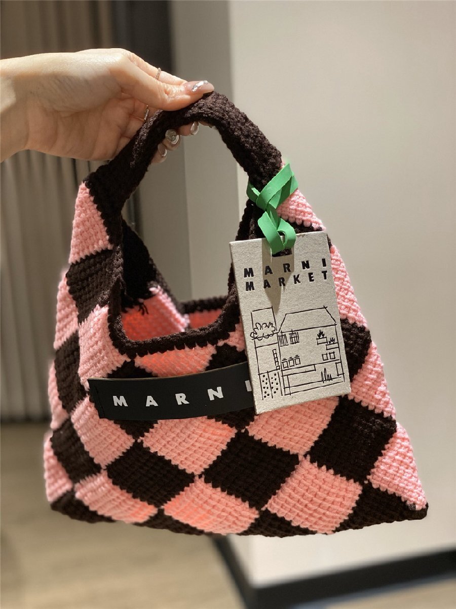 マルニ【MARNI】 MARNI MARKET ダイヤモンド バッグ Diamond Crochet ミニバッグ クロシェ ニット バッグ ピンク×ブラウン_画像5