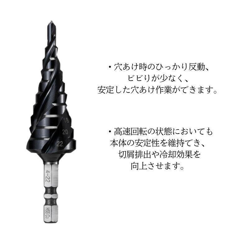 ステップドリル スパイラル ステンレス 用 チタン ビット ドリル DIY 4-22mm ステップ 刃 鉄工 金属 六角軸 穴あけ 先端 工具 タケノコ_画像3