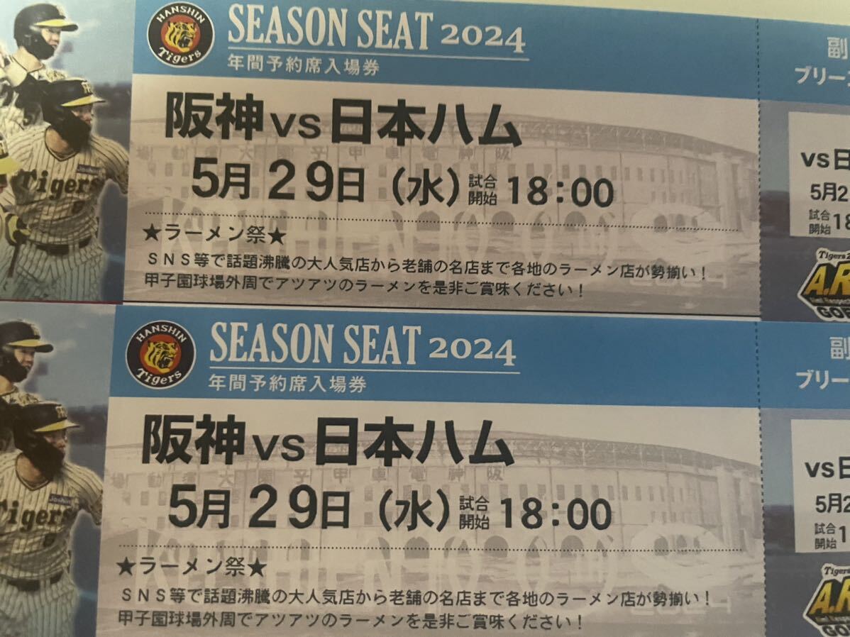 甲子園球場　5月29日（水）阪神ｖｓ日本ハム　３塁側　ブリーズシート　通路側連番２枚１組_画像1