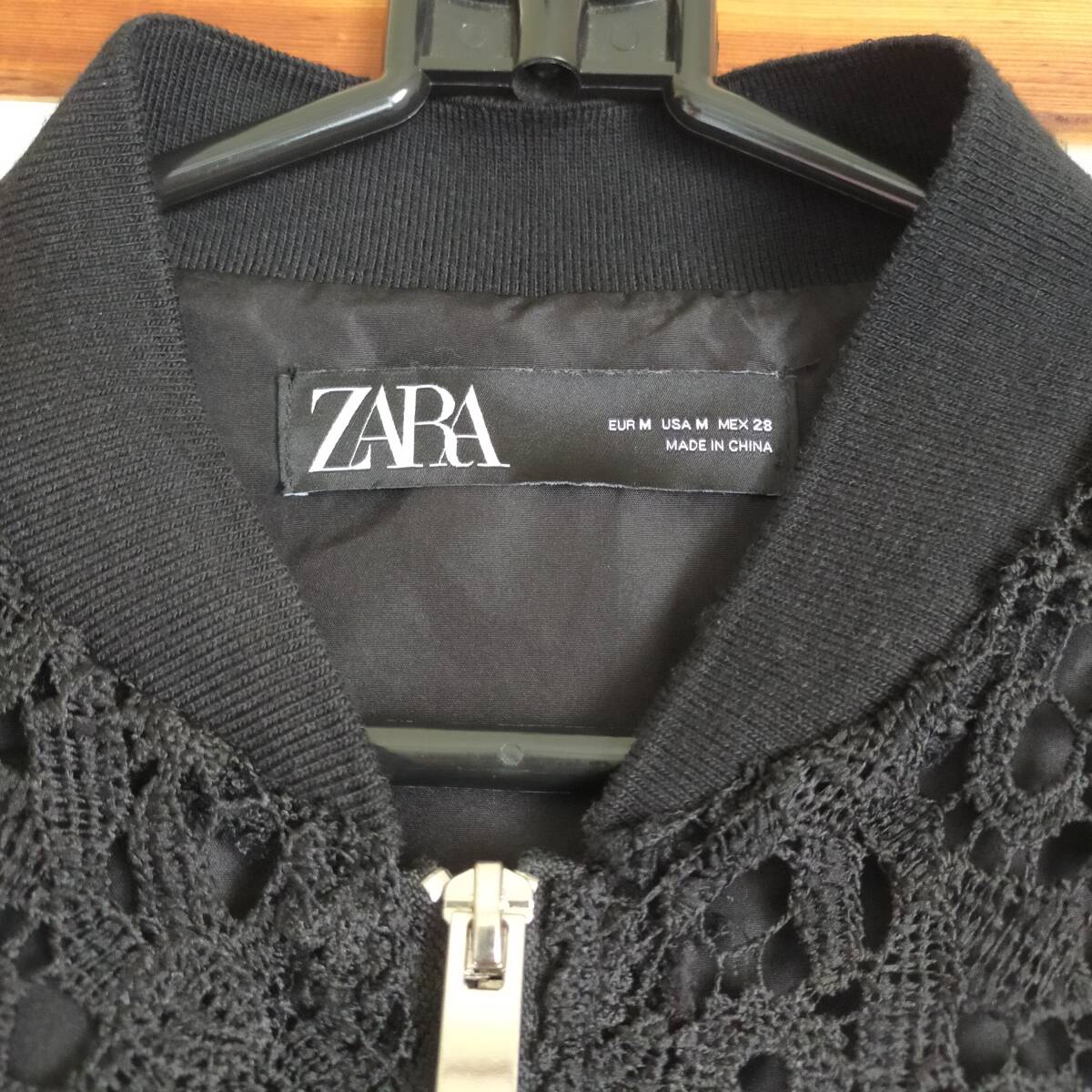 ZARA ブラック ボンバージャケット レース シアー ジャンパー　ブルゾン　花柄　Ｍサイズ　ジップアップ　異素材　メッシュ　透け　裏地