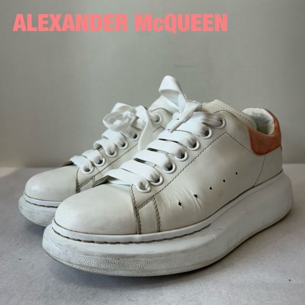 Q0013★9 近年モデル Alexander McQueen アレキサンダーマックイーン レディース 厚底 ダッド レザー スニーカー シューズ 靴 白 ピンク 38_画像1