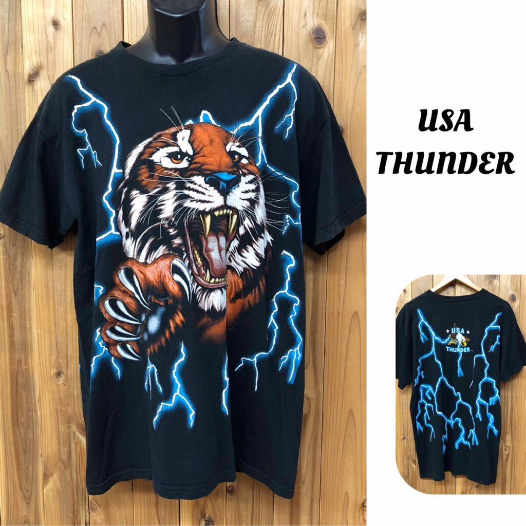 USA THUNDER /メンズ 半袖Tシャツ トップス ブラック プリントTシャツ アニマル タイガー イーグル アメカジ 古着 BRAZOS SPORTSWEAR_画像1