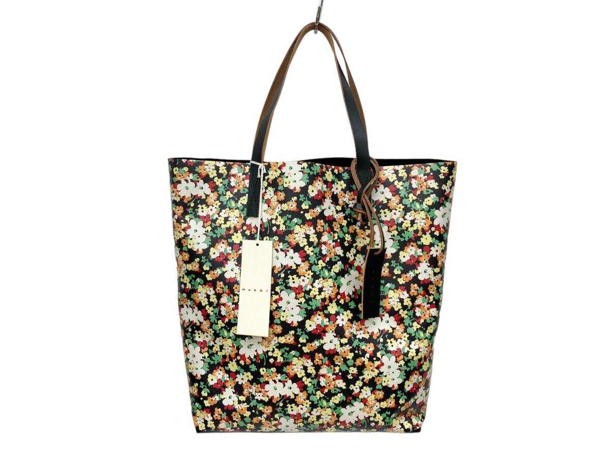 新品 MARNI マルニ トートバッグ 2トーン 花柄 ポリエステル 牛革 PVC素材 バイカラー仕上げ SHMQ000A11 P5066 LPN99 黒/028