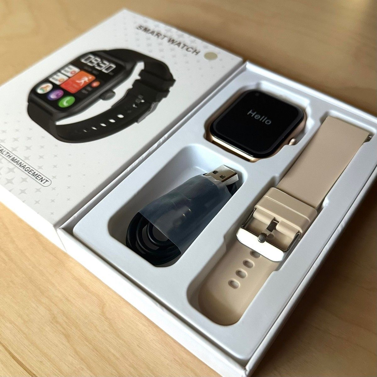 スマートウォッチ iPhone対応 通話機能 1.96インチ 腕時計 ベージュ Android
