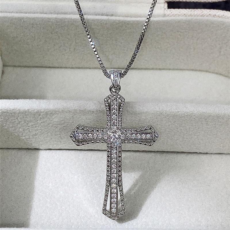 シルバー925色★czダイヤモンド クロス ネックレス十字架★最高品質の輝き_画像1