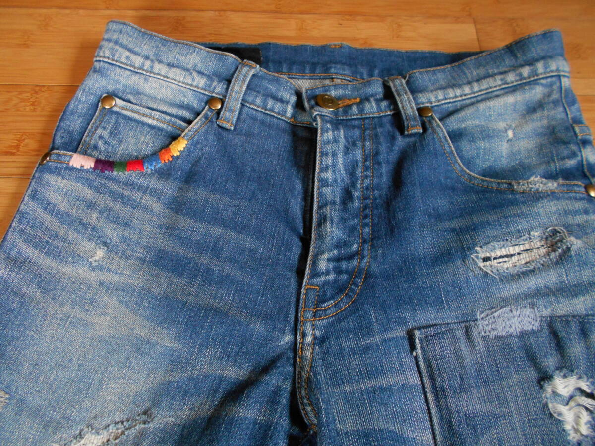 1piu1uguale3・STRETCH FOUNDER rainbow stitch 9TAPERED DENIM BLUE USED_画像3