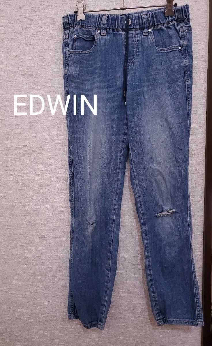 ジーンズ　EDWIN　XS　ウエストゴム　 パンツ デニム ヴィンテージ 古着　ジーパン　紐調整　綿　生地　レディース　メンズ