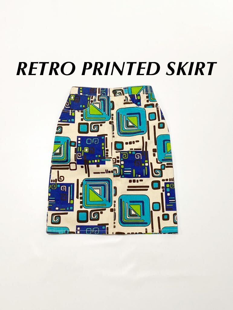 【輸入品】Allover Patterned Skirt 総柄　プリントファブリックスカートタイト レトロデザイン 古着_画像1