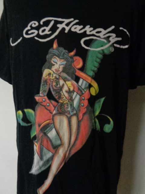 Ed Hardy エド・ハーディー コットン 半袖 プリント Tシャツ カットソー　黒 デビルズ　ナイフ　XL_画像2