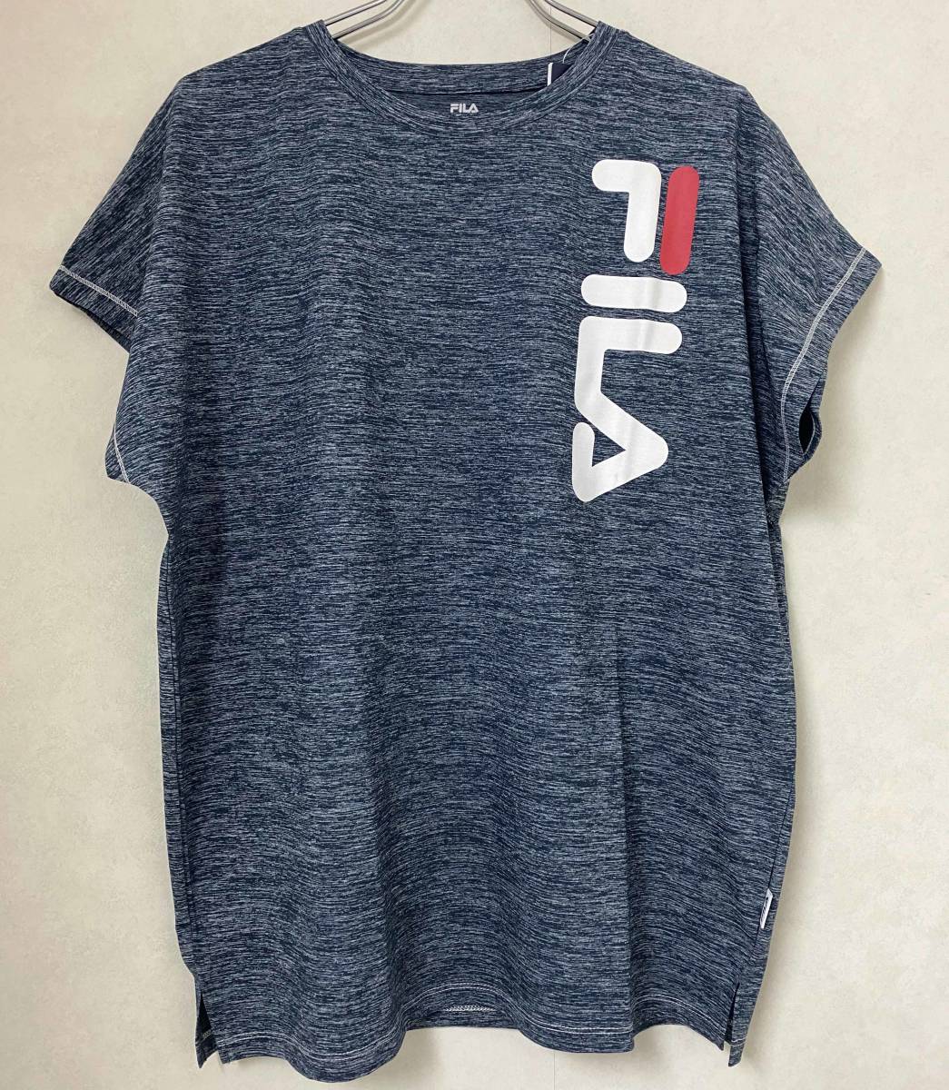 新品 L ★ FILA フィラ レディース 半袖 ドルマン チュニック Tシャツ ネイビー 杢 FL6450 ビッグ ロゴ UV加工 吸水速乾 ストレッチ_画像1