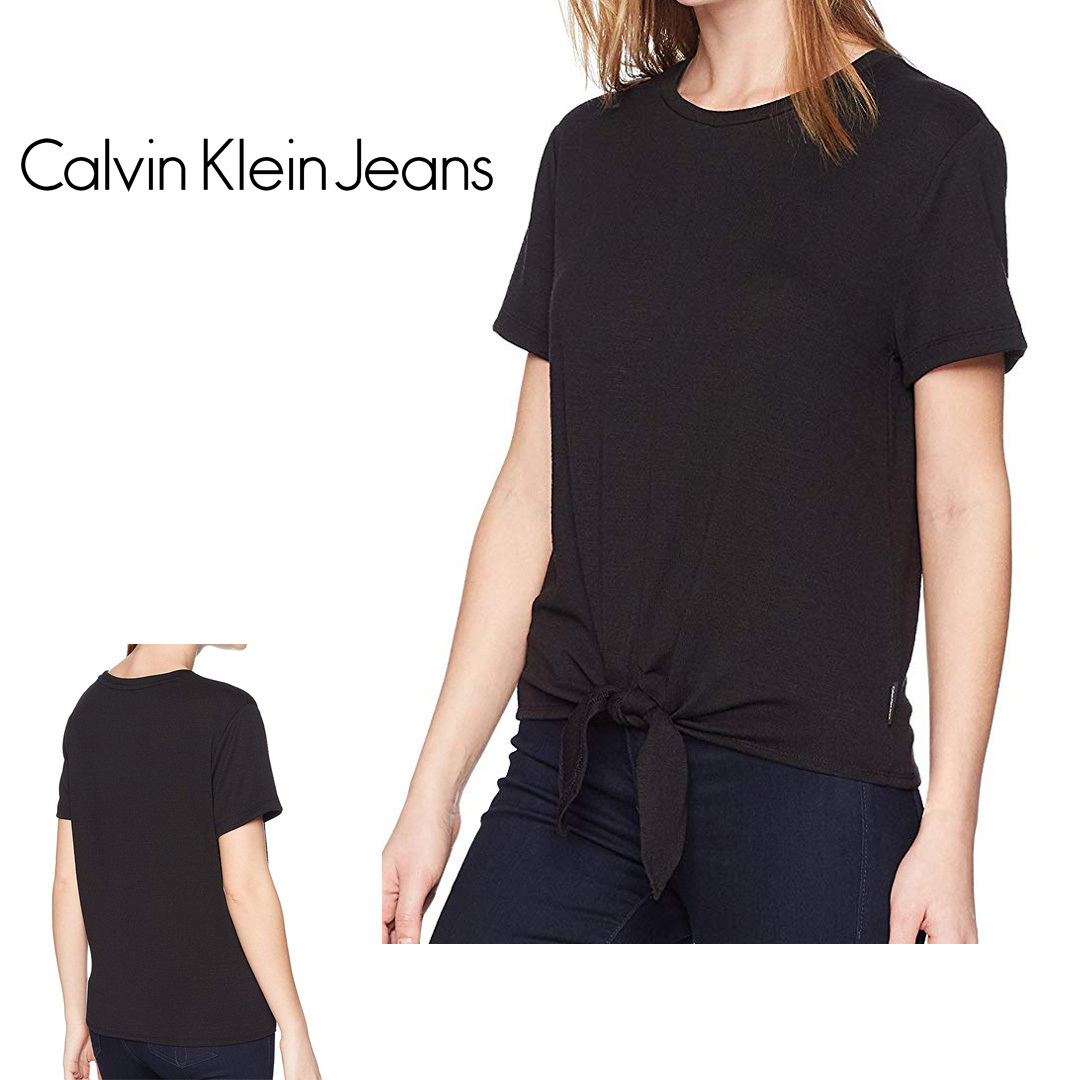 新品 M ★ Calvin Klein Jeans レディース 半袖 ニット US-S ブラック 黒 タイフロント Tシャツ カルバンクライン ジーンズ CK コストコ