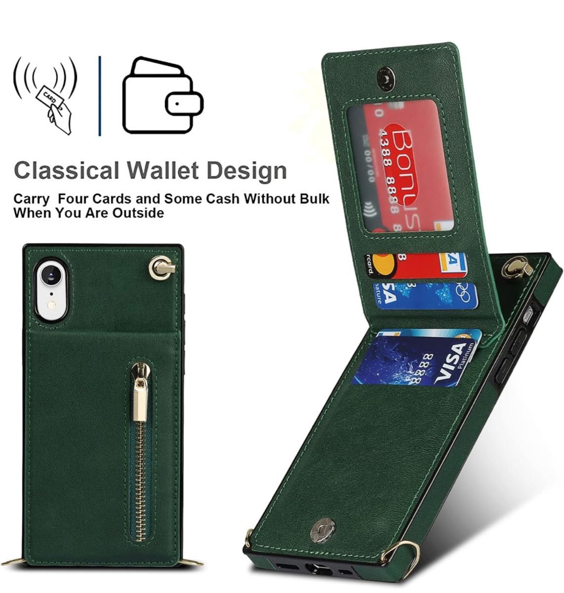 ☆ iPhone XR／10R ケース 手帳型 ショルダー クロス ディケース カード入れ スマホケース 携帯カバー  グリーン 