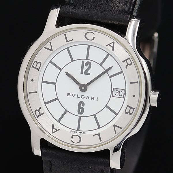 1円 稼働 良品 ブルガリ ソロテンポ ST35S ホワイト文字盤 デイト ラウンド レザーベルト メンズ腕時計 DOI 0014300 4ERTの画像1