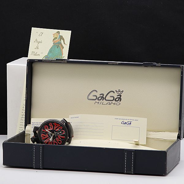 1 jpy guarantee / box attaching operation GaGa Milano Manuale R425/500 black face hand winding men's wristwatch OGH 5996100 4KHT