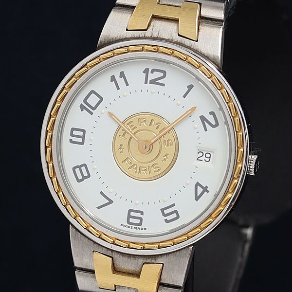 1円 稼動 良品 QZ 箱/コマ3付 エルメス セリエ デイト 白×ゴールド文字盤 メンズ腕時計 OKZ 3797000 4NBG2の画像1