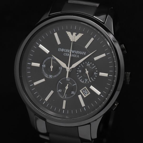 1円 稼働 良品 エンポリオアルマーニ AR-1451 クロノグラフ デイト QZ ブラック文字盤 メンズ腕時計 TKD 0583000 4ERTの画像1