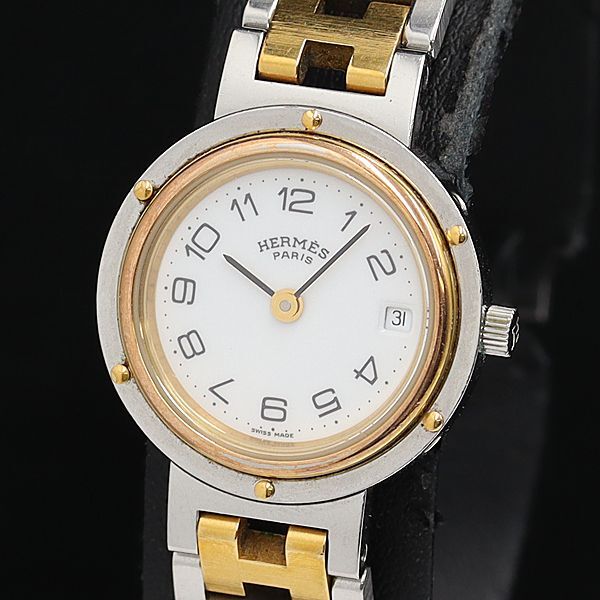 1円 稼働 良品 エルメス クリッパー QZ ホワイト文字盤 デイト レディース腕時計 DOI 3797000 4NBG2の画像1