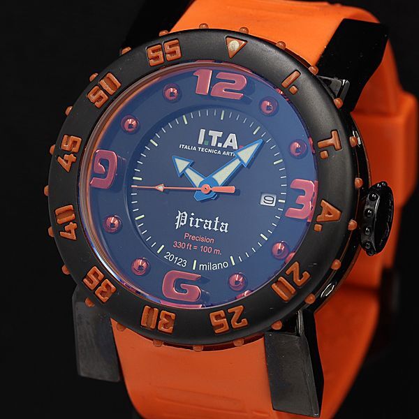 1円 稼働 良品 アイティーエー QZ ピラータ 100M 黒文字盤 デイト メンズ腕時計 TCY3797000 4NBG2_画像1