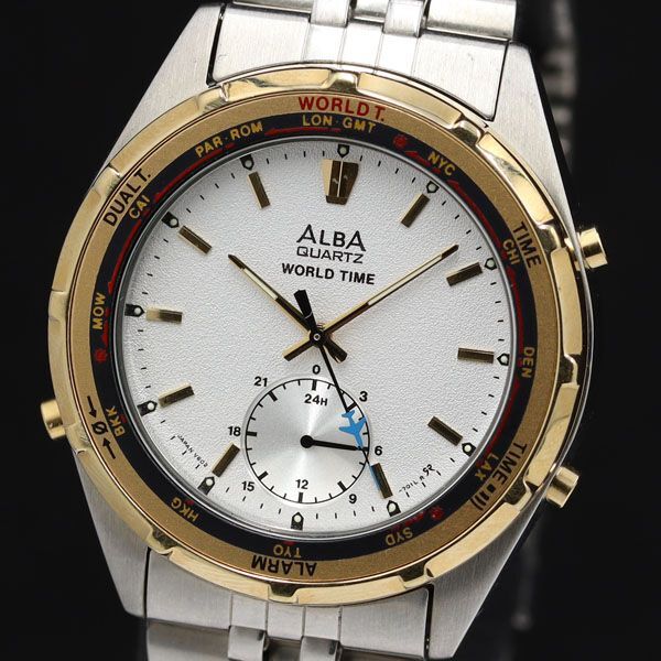 1 jpy Seiko Alba World Time QZ V602-7010 640736 white face men's wristwatch TKD 2756000 4BJY