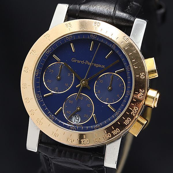 1 jpy operation Girard Perregaux B-696 7700 chronograph QZ Date blue face men's wristwatch KMR 0005500 5BKT