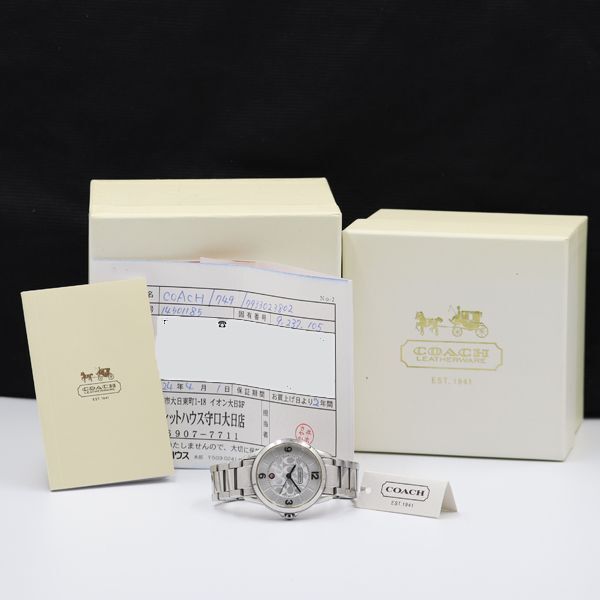 1 jpy guarantee / box /4 attaching operation superior article Coach 14501185 round silver face QZ Date lady's wristwatch NSY 0916000 5NBG1