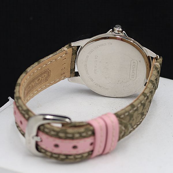 1 jpy operation beautiful goods Coach CA.13.7.14.0647 round pink face QZ signature lady's wristwatch NSY 0916000 5NBG1
