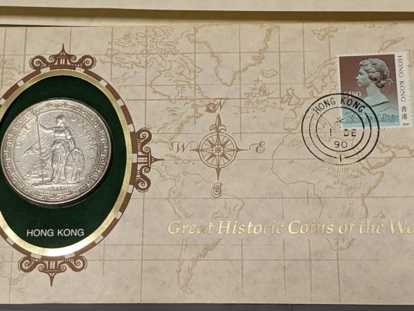 アンティークコイン イギリス 貿易ドル（中国貿易向けの特別鋳造銀貨約２８ｇ）解説書付きセレクトカバー（1990年香港消印）◎同梱可の画像4