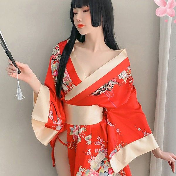 ミニ丈 和装 和服 浴衣 帯 Tバックショーツ付き 花魁 大胆 過激 レッド 花柄