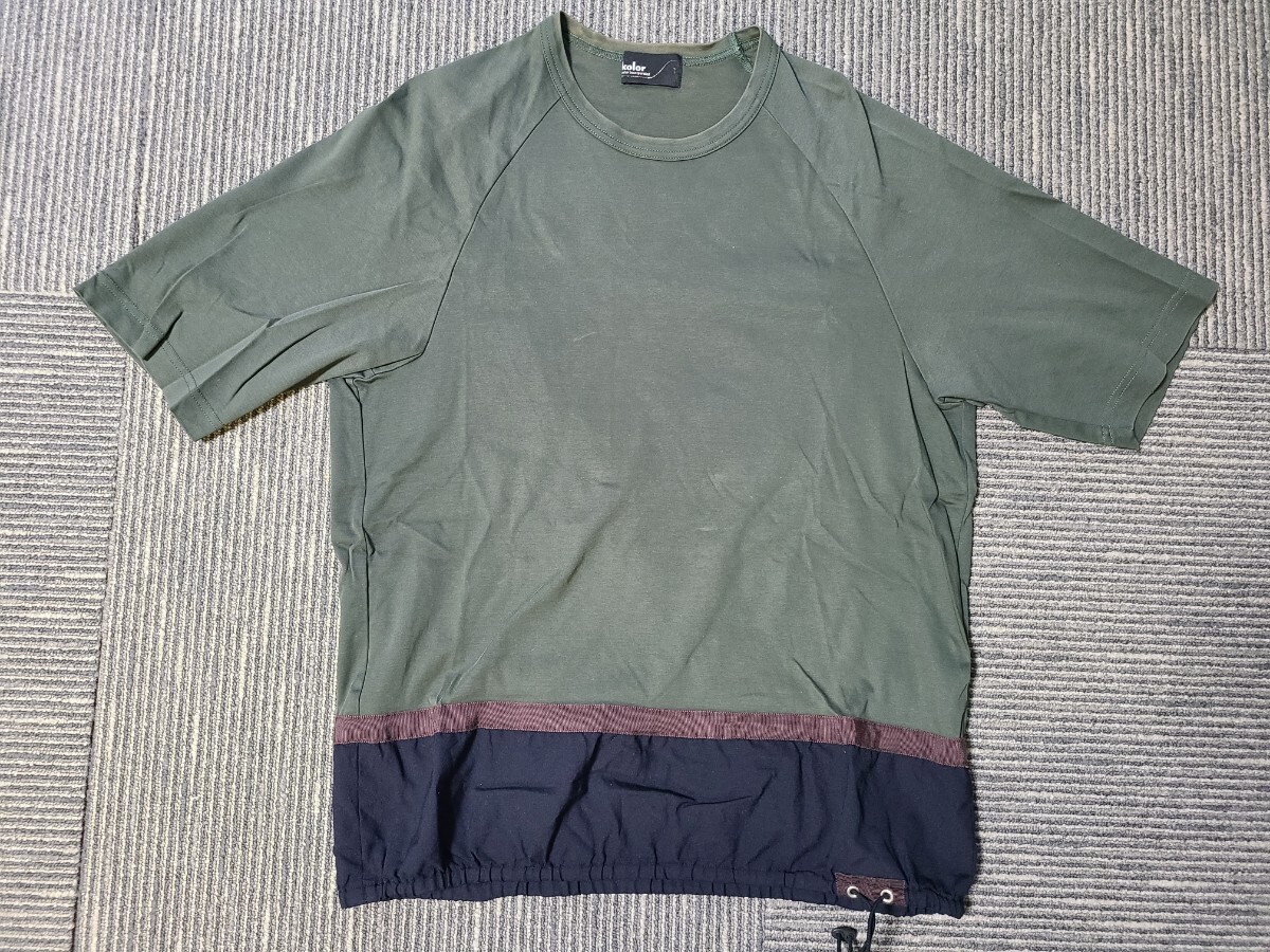 kolor カラー S～M サイズ1 カラーブロック Tシャツ 裾ドローコード付 オリーブグリーン×ネイビー カットソー_画像1