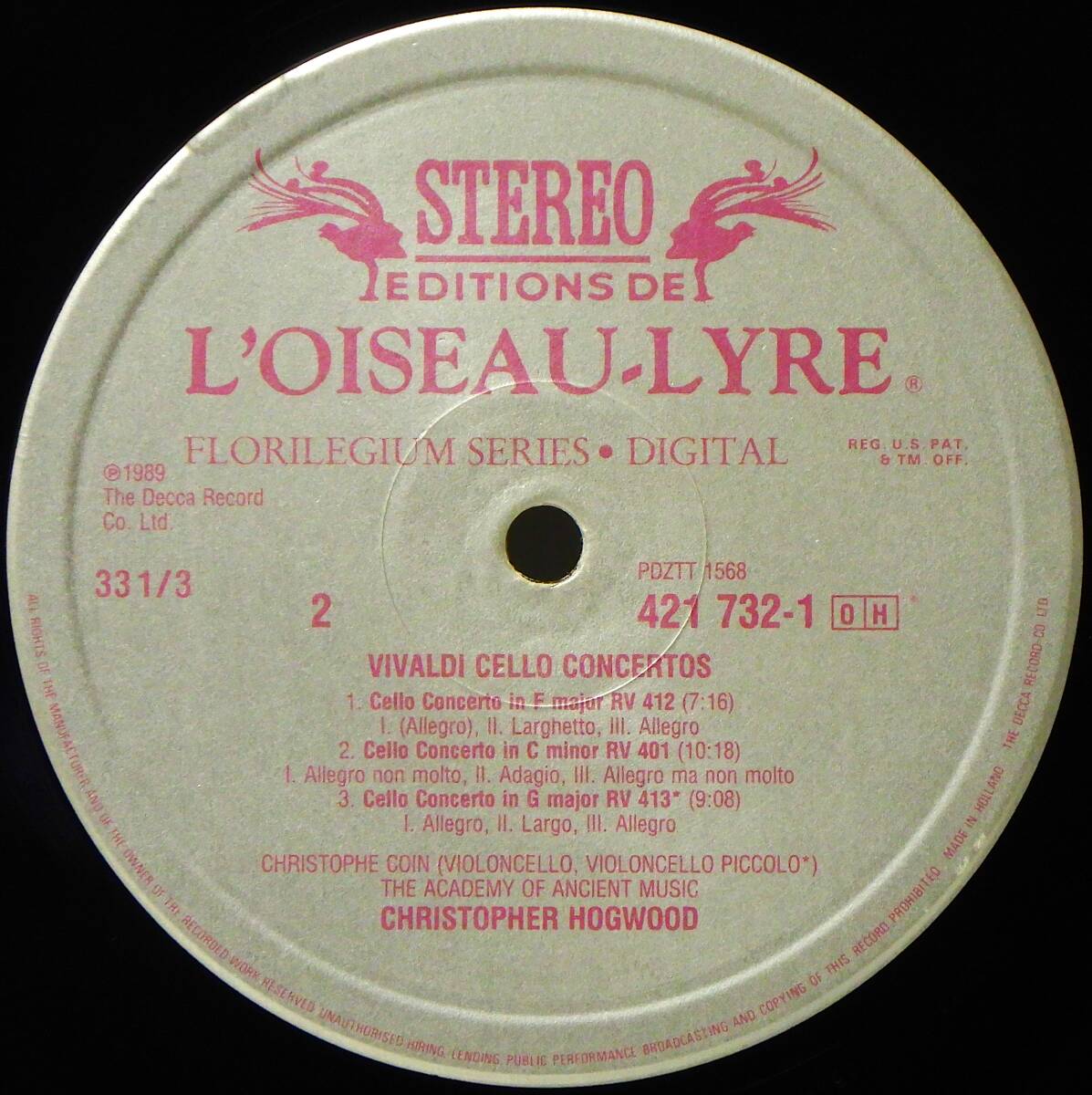 RARE ! 1989年盤 蘭盤 コワン ホグウッド ヴィヴァルディ チェロ協奏曲 L'OISEAU-LYRE 421732-1 MADE IN HOLLNAD _画像4