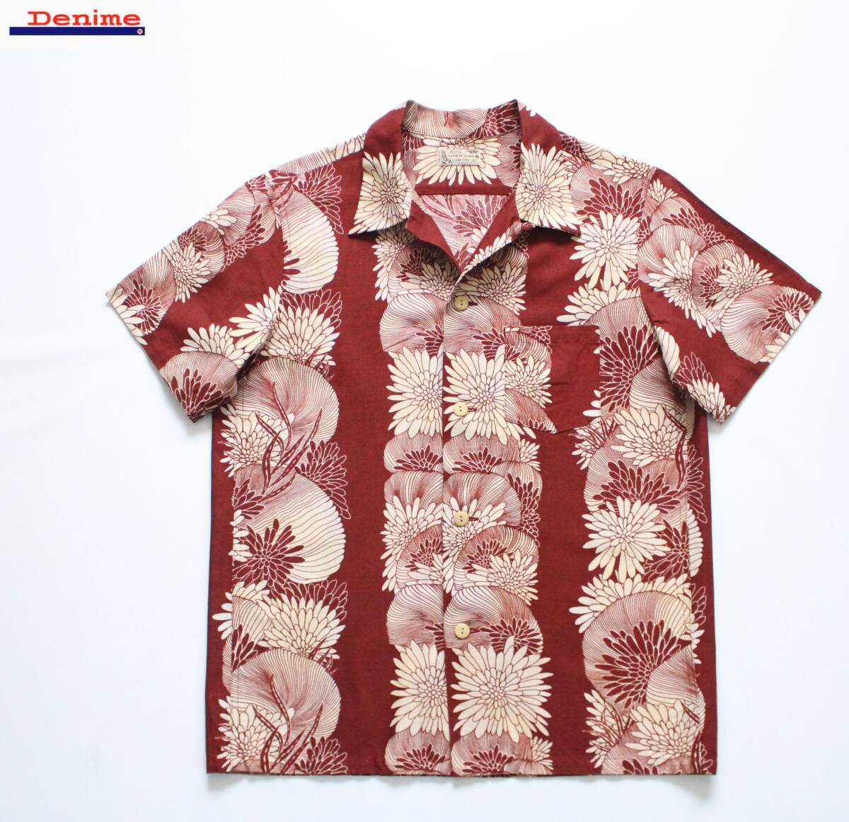 【 DENIME ドゥニーム 】ALOHA HAWAIIAN Dream コットン 半袖 オープンカラー アロハシャツ M ハワイアン 和風 HAND PRINT 木製ボタン 希少_画像1