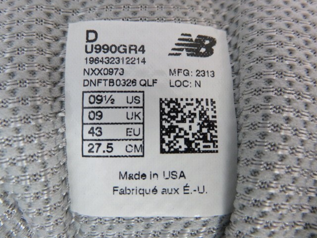 箱有り Made in USA New Balance ニューバランス スニーカー 990 U990GR4 グレー 27.5cm 991789340の画像9