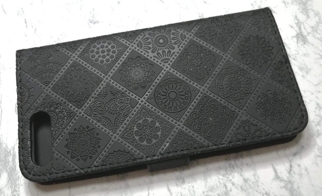 iPhone7Plus/8Plus 手帳型 ケース 浮き彫り調 アラベスク 黒色_画像4