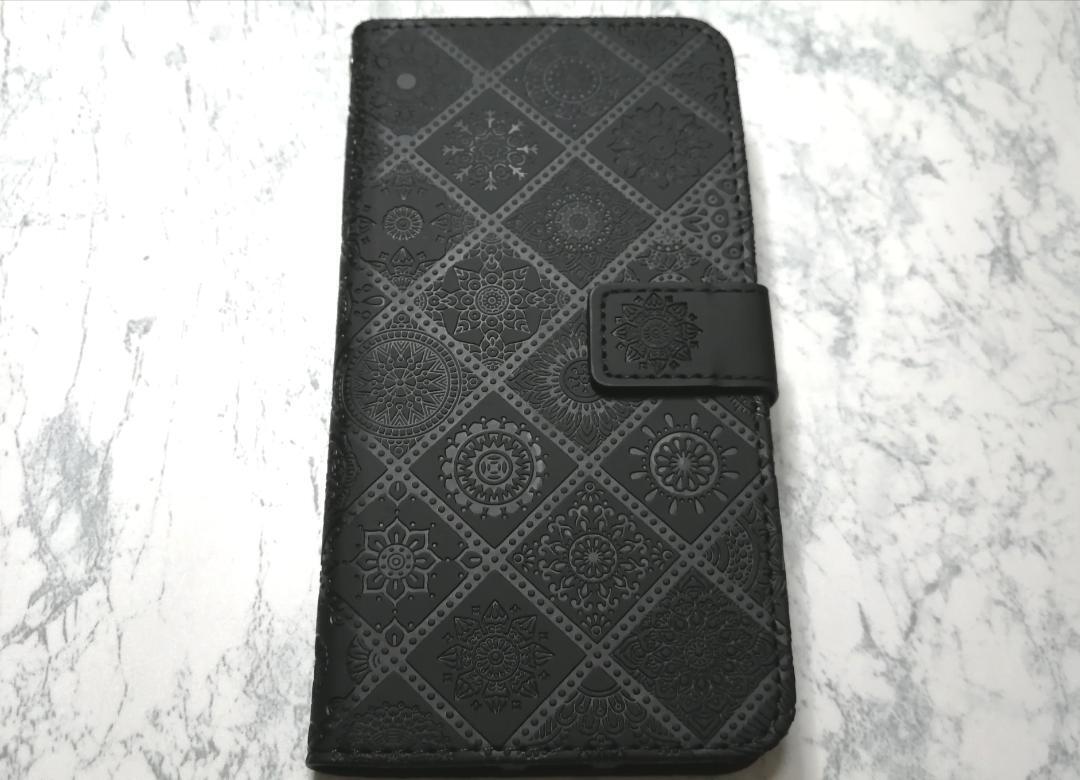 iPhone7Plus/8Plus 手帳型 ケース 浮き彫り調 アラベスク 黒色_画像3